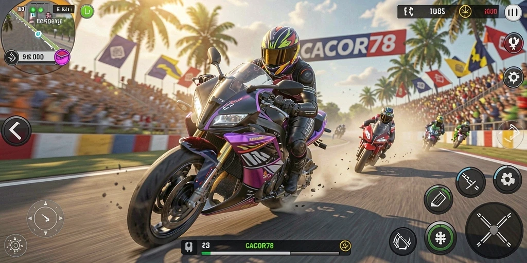 Screenshot gameplay CACOR78 yang menampilkan aksi balapan motor yang mendebarkan.