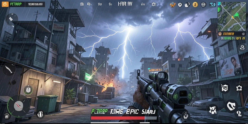 Tangkapan layar utama menunjukkan aksi seru gameplay PETIRRP di lapangan tempur.