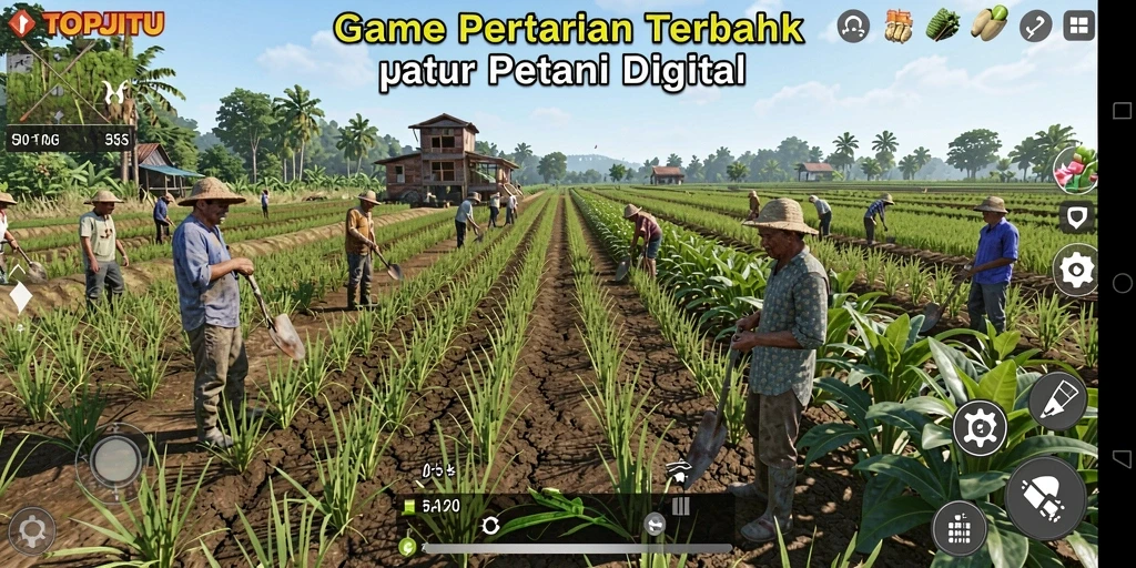 Screenshot gameplay TOPJITU menampilkan petani yang sedang merawat ladang.