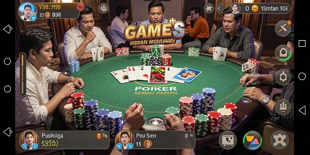 Screenshot gameplay V98 menunjukkan aksi seru dalam permainan poker.