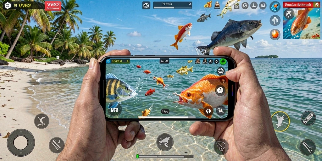 Tangkapan layar gameplay VV62 menunjukkan aksi tembak ikan yang seru.